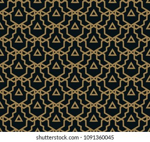 Seamless pattern of intersecting thin gold lines on black background. Abstract seamless ornament.
