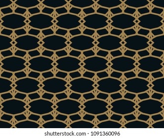 Seamless pattern of intersecting thin gold lines on black background. Abstract seamless ornament.