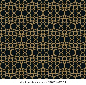 Seamless pattern of intersecting thin gold lines on black background. Abstract seamless ornament.