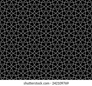 Seamless pattern of intersecting thin grey lines on black background. Abstract Vector Illustration. 
