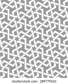 Seamless pattern with intersecting white stripes, poly lines, polygons and six pointed star in the traditional Arabic style on gray background