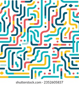 Seamless pattern of intertwined curves and abstract lines. Vector background. Colorful texture.