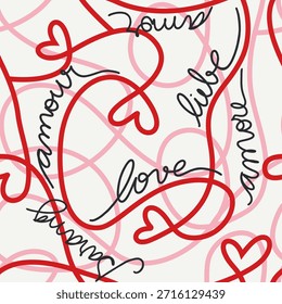 Padrão contínuo de linhas fluindo entrelaçadas formando corações com tipografia "Amor" em várias línguas em um fundo sólido