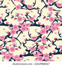 Seamless pattern of intertwined sakura branches with blooming sakura buds. floral style, frame, template, social media, decoration. vector illustration.