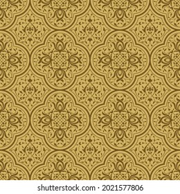 Seamless pattern with intertwining floral swirls.  Indo-Persian art. Golden, wooden background. Swatch is included.