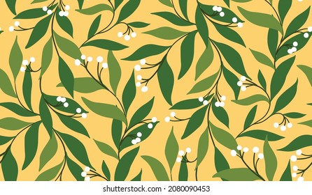 Seamless pattern with intertwining twigs, white berries and lush foliage. Floral pattern with berry branches and large leaves on a yellow background. Botanical background with simple design. Vector.