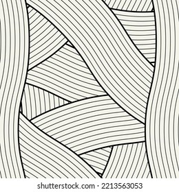 Seamless pattern with interweaved tapes. Monochrome abstract linear background. Vector hand-drawn confused tapes.