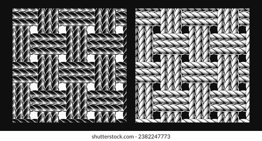 Seamless pattern with interwoven ropes. Mat, rug with traditional basket weave with three cords. Burlap weave. Vintage style. Not AI