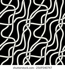 Seamless pattern with interwoven tapes. Monochrome abstract weaving background. Hand-drawn vector illustration of tangled tapes.