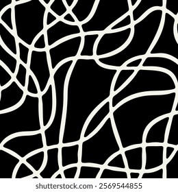 Seamless pattern with interwoven tapes. Monochrome abstract weaving background. Hand-drawn vector illustration of tangled tapes.