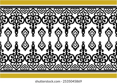 seamless pattern with intricate black floral designs on a crisp white background, framed by a gold border for a luxurious touch. Ideal for textiles, wallpaper, stationery, and branding project