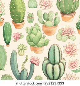 Seamless pattern of intricate cacti and succulents in vector illustration. Desert tapestry