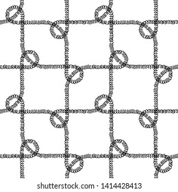 Seamless pattern with intricate doodle cords. Endless illustration with black loop ornament. Decorative geometric lines isolated on white backdrop. Trendy boho style. For fabric, wallpaper, wrapping