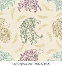Seamless pattern with intricate eagle head and feather illustration
