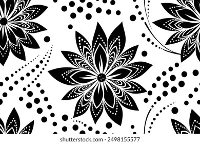 Seamless pattern with intricate floral motifs, dots, and geometric shapes, showcasing understated elegance and tranquility suitable for textiles, fabric, wallpaper, wrapping paper and showcasing.