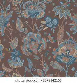 Seamless pattern with intricate floral motifs in rich blue and earthy tones on a dark background, illustrated in an opulent vector style. Suitable for wallpapers, fashion, and packaging.