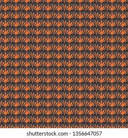 Seamless pattern with intricate frog buttons in geometric layout. Orange, black and cream vector illustration.