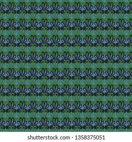 Seamless pattern with intricate frog buttons in geometric layout. Green, blue and black vector illustration.