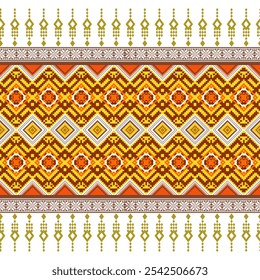 A seamless pattern of intricate geometric shapes in warm tones of orange, yellow, and red. This traditional textile design would be perfect for fabrics, wallpapers, or as a decorative element.