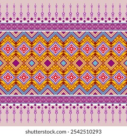 A seamless pattern of intricate geometric shapes in vibrant colors. This traditional textile design would be perfect for fabrics, wallpapers, or as a decorative element.