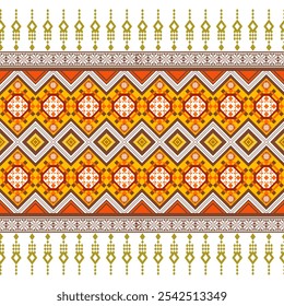 A seamless pattern of intricate geometric shapes in warm tones of orange, yellow, and red. This traditional textile design would be perfect for fabrics, wallpapers, or as a decorative element.