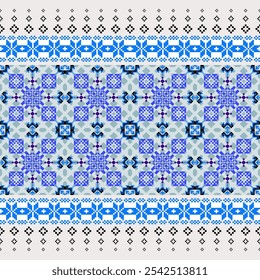 A seamless pattern of intricate geometric shapes in cool tones of blue and white. This traditional textile design would be perfect for fabrics, wallpapers, or as a decorative element.