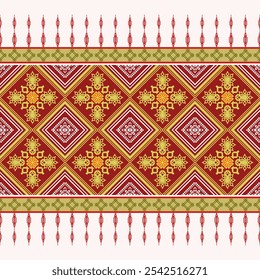 A seamless pattern of intricate geometric shapes in red, black, and white. This traditional textile design would be perfect for fabrics, wallpapers, or as a decorative element.