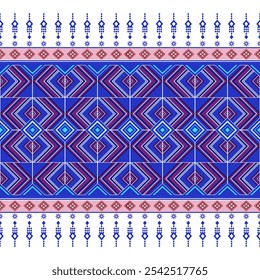 A seamless pattern of intricate geometric shapes in vibrant colors. This traditional textile design would be perfect for fabrics, wallpapers, or as a decorative element.