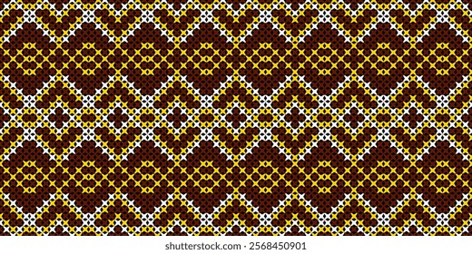 A seamless pattern of intricate geometric shapes in warm tones of brown, yellow, and white. This traditional textile design would be perfect for fabrics, wallpapers, or as a decorative element.