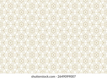 Padrão contínuo com formas geométricas intrincadas e linhas douradas formando uma rede repetitiva de hexágonos e octógonos, criando um fundo sutil para o luxo, arte islâmica.