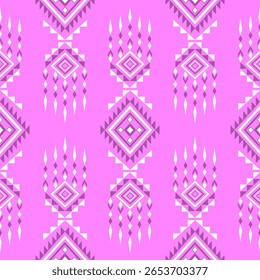 A seamless pattern with intricate geometric shapes in purple and white set against a vibrant pink background