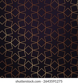 A seamless pattern of intricate gold geometric stars and interconnected lines on a dark purple background, reminiscent of Islamic art or traditional decorative tiling