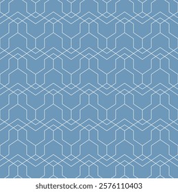 A seamless pattern with intricate white linear designs forming angular and interconnected shapes on a light blue background. Perfect for modern wallpapers, graphic projects, and decorative application