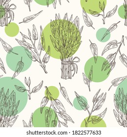 Seamless pattern with ipomoea water: leaves, plant of Ipomoea water and bunch of water spinach. Vector hand drawn illustration