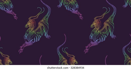 Seamless pattern with iridescent dragons.
