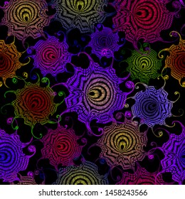 Seamless pattern iridescent flowers on a dark backgrounds. Bright color elements on a black.