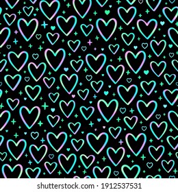 seamless pattern of iridescent holographic contours of hearts