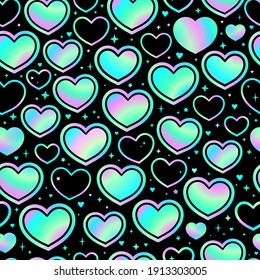 seamless pattern of iridescent holographic hearts