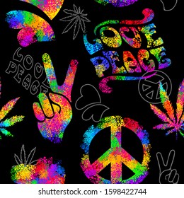 Seamless Pattern From Iridescent Varicolored Elements In Hippie Style 1960s, 70s. Concept Peace And Love, A Sign Of Pacifism - Two Fingers Up, Cannabis, And Hearts.