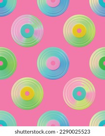 Seamless pattern with iridescent vinyl discs, realistic vector illustration on pink background. LP record discs with fluorescent hologram color effect in seamless design.