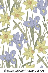 Seamless pattern with iris and daffodils.