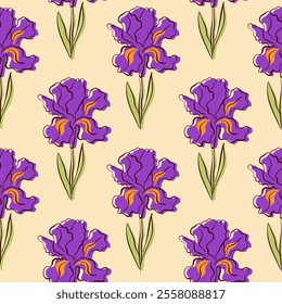 Seamless pattern with iris in flat style. Spring floral print, decorative botanical background with hand drawn flower.