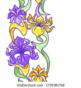 Seamless pattern with iris flowers. Art Nouveau vintage style. Natural decorative plants.