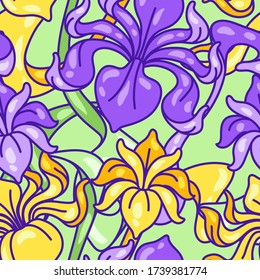 Seamless pattern with iris flowers. Art Nouveau vintage style. Natural decorative plants.