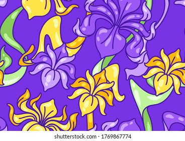 Seamless pattern with iris flowers. Art Nouveau vintage style. Natural decorative plants.