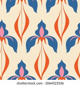 Seamless pattern with iris flowers in art deco style. Vintage floral pattern with blue decorative flowers and leaves. Blue plants on a light background. Vector.