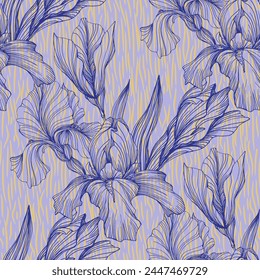 Seamless pattern of iris flowers. Beautiful romantic flowers. Cottage core aesthetic floral print for fabric, scrapbook, wrapping, card making