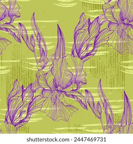 Seamless pattern of iris flowers. Beautiful romantic flowers. Cottage core aesthetic floral print for fabric, scrapbook, wrapping, card making