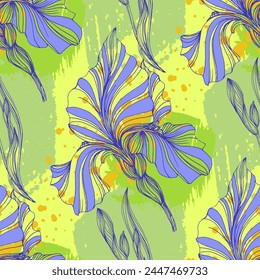 Seamless pattern of iris flowers. Beautiful romantic flowers. Cottage core aesthetic floral print for fabric, scrapbook, wrapping, card making