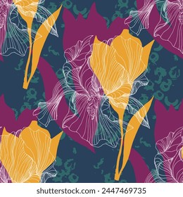 Seamless pattern of iris flowers. Beautiful romantic flowers. Cottage core aesthetic floral print for fabric, scrapbook, wrapping, card making